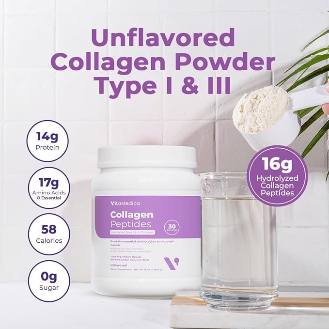 VitaMedica Collagen Peptides Powder for Women & Men - Healthy Hair, Skin, Nails, Bones and Joints - Hydrolyzed Types I & III, Grass-Fed, Pasture-Raised Protein, Zero Sugar - 30 Servings