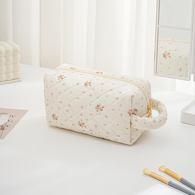 JOVAKIT Travel Makeup Bag Cosmetic Bag for Women, Christmas Gifts, Small Floral Flowers Coquette Toiletry Bag with Handle, Zipper Make Up Pouch Organizer Bag Trendy Stuff (Beige Floral)