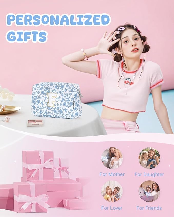 Narwey Birthday Gifts for Teen Girls Kids Women Personalized Initial Floral Makeup Bag Cute Cosmetic Trendy Stuff 6 8 10 11 12 13 14 16 18 Years Old Travel Toiletry Bag (Little Blue Flower F)