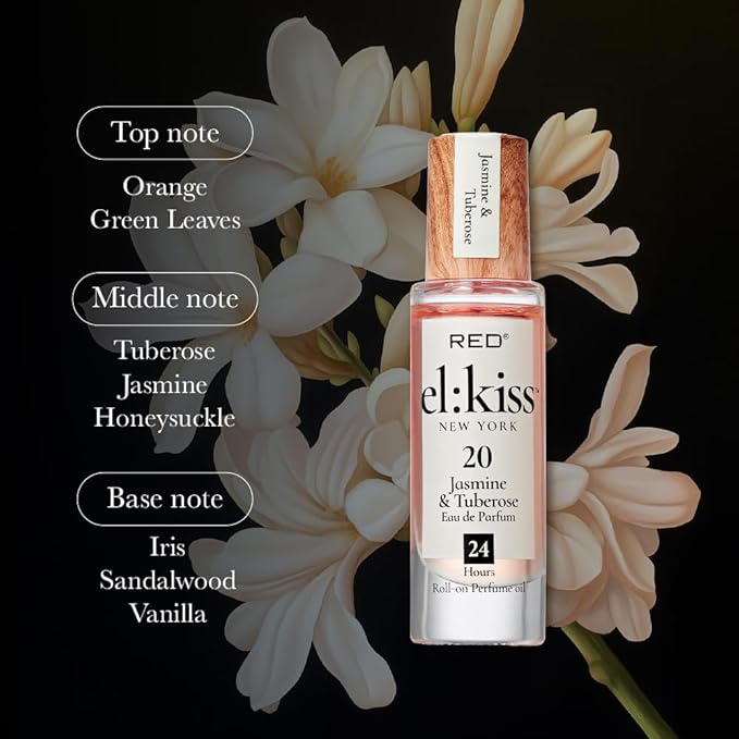 EL:KISS Roll On Perfume, Jasmine & Tuberose Inspired by Guc. Bloom, Eau de Parfum 12mL (.40 Fl Oz), Hydrating & Long-Lasting, Alcohol-Free & Mineral Oil-Free, Infused With Jojoba, Argan & Coconut Oil