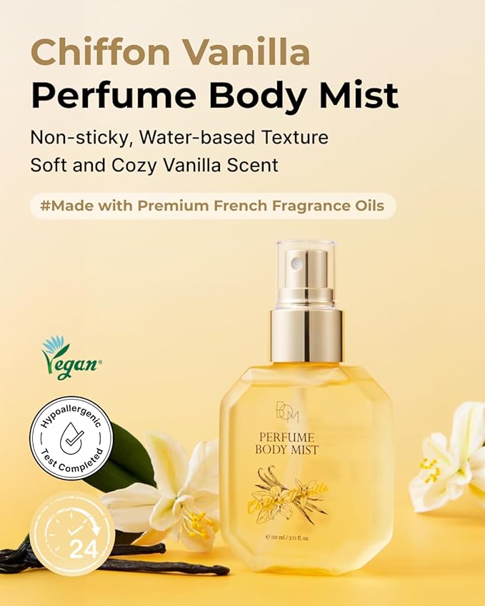BOM Chiffon Vanilla Body Mist 3.71 Fl Oz, Vanilla Scented Fine Mist with Hyaluronic Acid, Niacinamide & Vitamin C, Hydrating, Lightweight, Long Lasting Fragrance, Korean Skincare