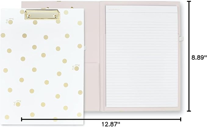 Kate Spade New York A4 Clipboard Folio with Low Profile Clip, Professional Padfolio Includes Lined Notepad, Pen Loop, and Pocket, Gold Dot with Script