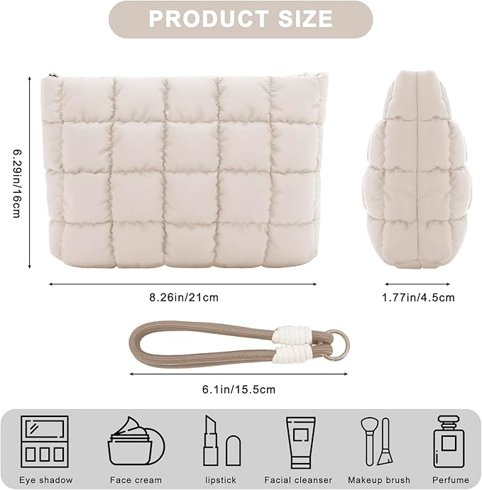 DOB SECHS Puffer Quilted Makeup Bag with Handle, Cute Puffy Cotton Cosmetic Bags for Women, Small Checkered Toiletry Zipper Pouch, Travel Essentials Storage Organizer Clutch Pouches Pencil Case, Khaki