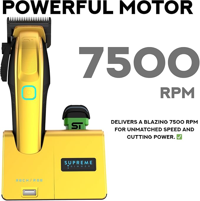 Supreme Trimmer Recharge Clipper - Professional Hair Clipper with 2 Removable Batteries, Brushless Motor, Smart Charge Stand, USB-C Charge & DLC Blades Barbers | STC779