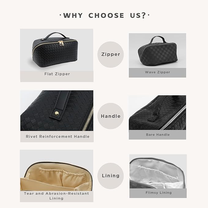 Travel Makeup Bag – Large Cosmetic Organizer with Waterproof PU Leather, Smooth Double Zipper & Tear-Resistant Lining, Toiletry Pouch for Women (Black)