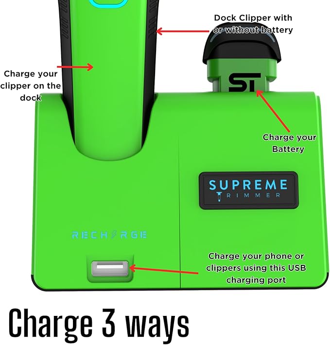 Supreme Trimmer Recharge Clipper - Professional Hair Clipper with 2 Removable Batteries, Brushless Motor, Smart Charge Stand, USB-C Charge & DLC Blades Barbers | STC779