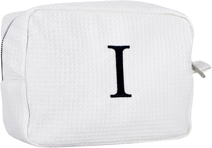 Personalized White Waffle Makeup Bag,Custom Embroidered Initial Cosmetic Pouch for Women,Monogrammed Cosmetic Case,Bridesmaid Gifts (I)