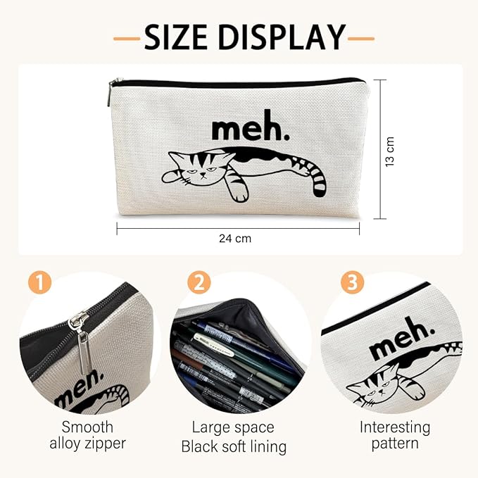 Cat Meh Makeup Bag - Funny Sarcastic Cosmetic Zipper Travel Toiletry Bag for Cat Lovers, Teen Girls, Women Idea