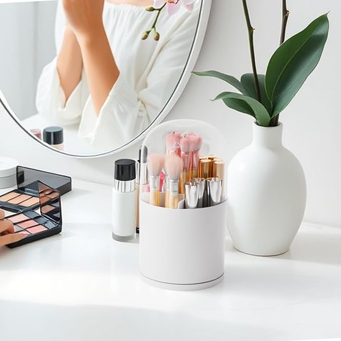 Yieach Rotating Acrylic Makeup Brush Holder with Lid for Vanity,Bathroom,Countertop,Covered Makeup Brushes Organizer,Round Spinning Cosmetic Brushes Holder and Make up Brush Storage with Cover,White