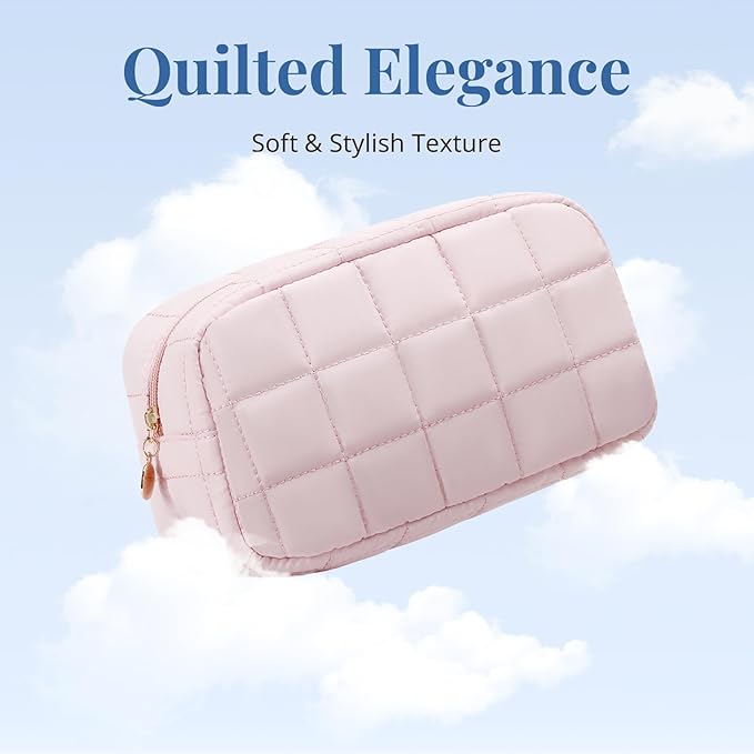 Makeup Bag for Women, Travel Cosmetic Bag Organizer with Compartments, Quilted Puffy Toiletry Pouch for Brushes, Essentials and Accessories, Pink