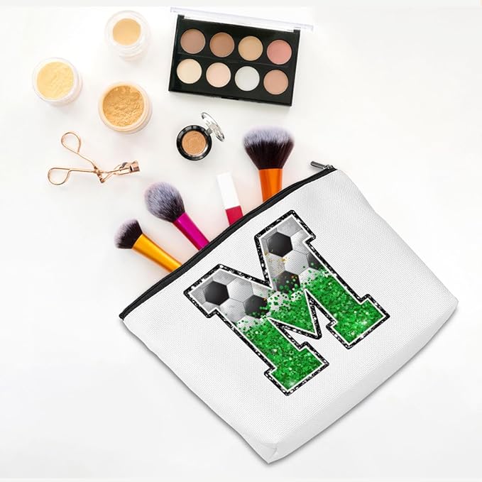 Soccer Gifts Initial Makeup Bag Monogrammed Cosmetic Bag Letter M Zipper Pouch Soccer Accessories for Girls Women Player Coach Friend Stuff Graduation Birthday Gifts
