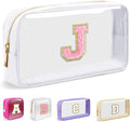 Small Clear Personalized Initial Makeup Bag,Nylon Preppy A-Z Chenille Letter Patch Cosmetic Pouch Beach Toiletry Bag,Waterproof Zipper Travel Purse Storage Bag Organizer for Women Girls(White-Pink J)