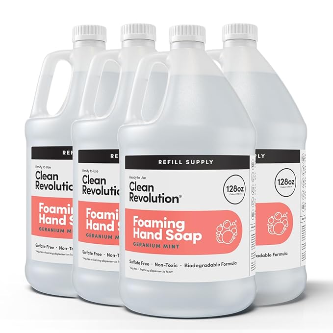 Clean Revolution Foaming Hand Soap Refill Supply Container, Ready to Use Formula, Gluten Free, Geranium Mint Fragrance, 128 Fl. Oz, 4 Pack - Made in USA