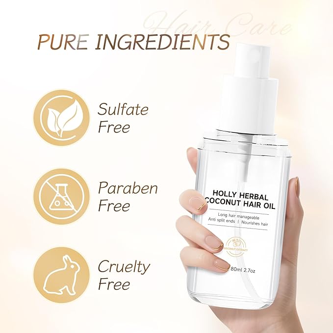 HOLLY HERBAL Coconut Oil Hair Mist - Weightless Leave-In Treatment with 6 Plant Extracts - Frizz-Free, Moisturizing & Shine, Paraben & Sulfate-Free (2.7 Fl Oz)