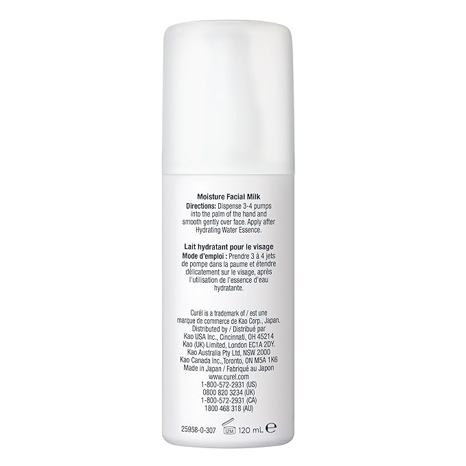 Curel Japanese Skin Care Moisture Facial Milk, Face moisturizer for Dry, Sensitive Skin, pH Balanced, Relieves Tightness and Calms, Fragrance & Alcohol Free Face Lotion, Facial Serum, 4 Fl Oz