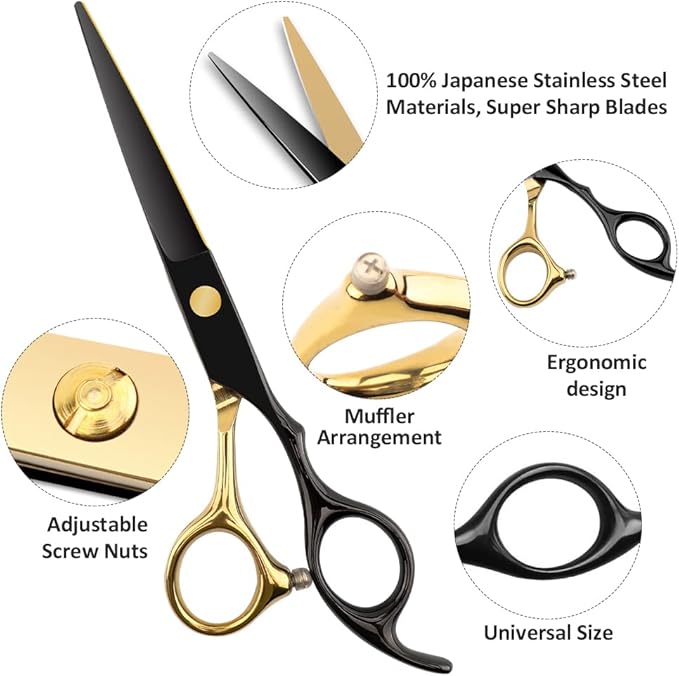 Professional Black Gold Hairdressing Scissors Stainless Steel Barber Hair Cutting Sets Salon Multifunctional Straight Shears Teeth Scissors Thinning Shears Tools for Mother Father's Gift