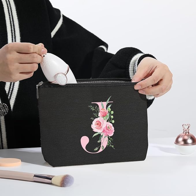 A-Z Personalized Cosmetic Bag Monogrammed Makeup Bags Bridesmaid Gifts Custom Toiletry Pouch Gifts for Women Mom Best Friend Sister Bride Bridesmaid (J)