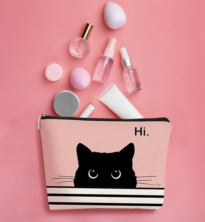 Cute Cat Makeup Bag - Black & Pink, Small Cosmetic Bag for Women & Girls, Birthday Gift for Cat Lovers & Owners