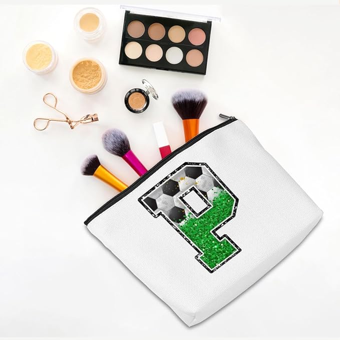 Soccer Gifts Initial Makeup Bag Monogrammed Cosmetic Bag Letter P Zipper Pouch Soccer Accessories for Girls Women Soccer Player Coach Friend Soccer Stuff Graduation Birthday Gifts