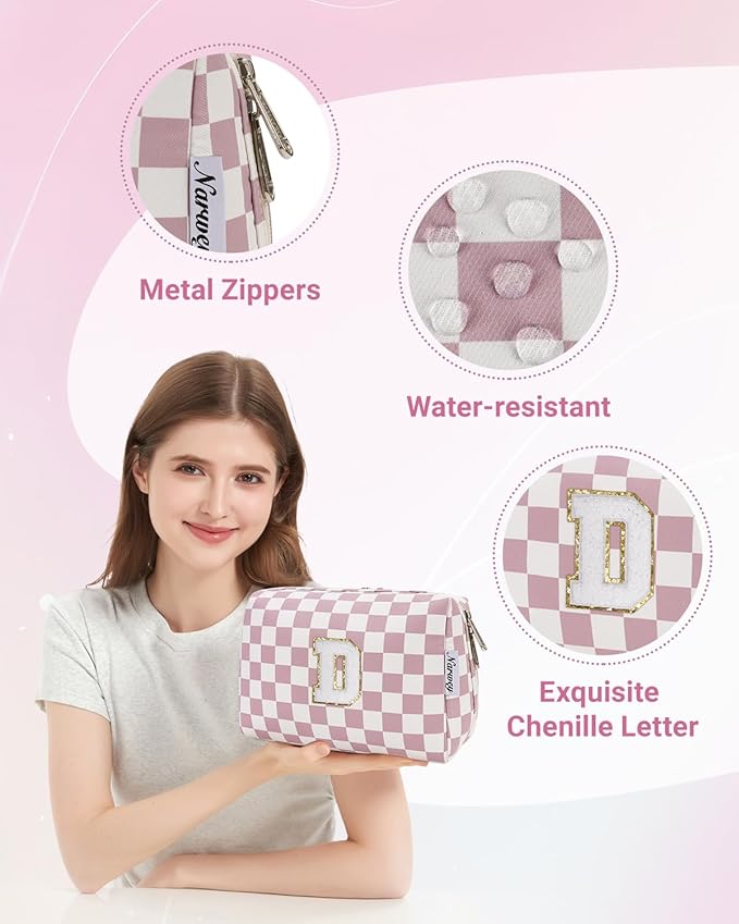 Narwey Birthday Gifts for Teen Girls Kids Women Personalized Initial Checkered Makeup Bag Pink Monogram Cosmetic Bag Trendy Stuff 6 8 10 11 12 13 14 16 18 Years Old Travel Toiletry Bag (Dusty Rose D)