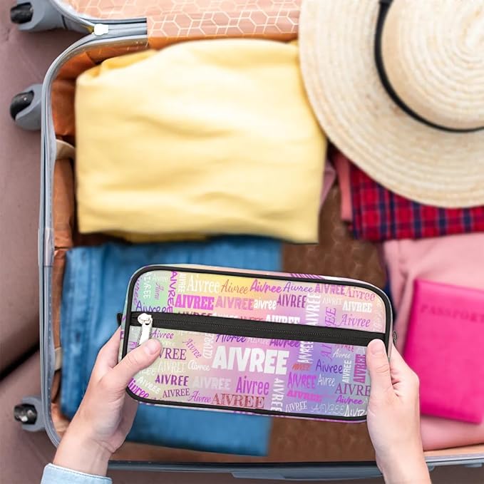 Custom Travel Cosmetic Bag with Name, Personalized Large Capacity Weekend Toiletry Bag Portable Bathroom Makeup Organizer, Colorful Pink Purple Galaxy Background