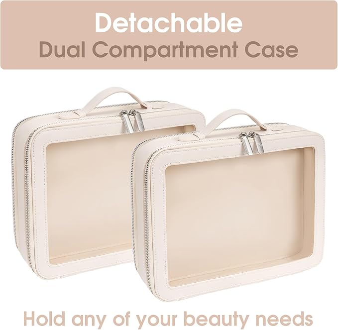 Clear Makeup Bag,Large Toiletry Case for Women,PU Leather Travel Cosmetic Bag,Detachable Makeup Case,Double Compartment Make up Organizer