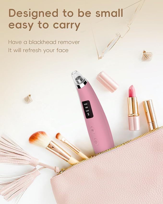 Facial Pore Blackhead Remover Vacuum - Fore Cleaner and Blackhead Extractor with 3 Adjustable Suction Levels - 5 Probes - Pore Vacuum Kit for Women&Men (Matte Pink)
