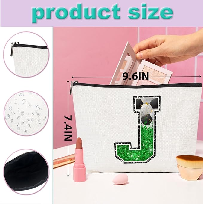 Soccer Gifts Initial Makeup Bag Monogrammed Cosmetic Bag Letter J Zipper Pouch Soccer Accessories for Girls Women Soccer Player Coach Friend Soccer Stuff Graduation Birthday Gifts