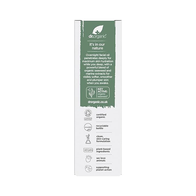Dr. Organic Ageless Overnight Recovery Oil with Seaweed | Smoothing and Plumping, Maximum Hydration for All Skin Types, Dermatologically Tested, Certified Organic, Paraben & SLS-Free, 30 mL / 1 fl oz