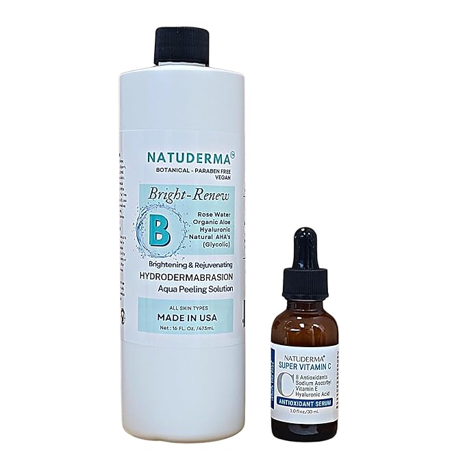Hydrodermabrasion Solutions Set | Brightening Rejuvenating Serum for Hydro Dermabrasion Machine and Oxygen Facial, Bright-Renew of 16oz | and Super Vitamin C Serum of 1oz by Natuderma