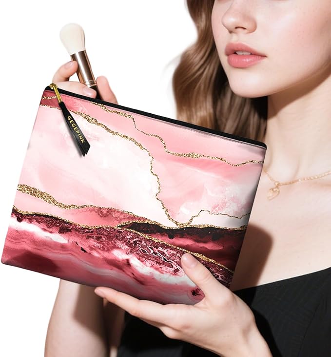 Cute Makeup Bag for Purse Waterproof Cosmetic Bags for Women Funny Smooth Zipper Travel Toiletry Pouch 10X8 Inches-Pink Marble Makeup pouch
