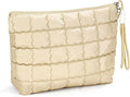 Richeart Makeup Bag Travel Toiletry Bag - Checkered Down Cotton Makeup Pouch for Women with Cosmetic and Pencil, Aesthetic Khaki Design, Large