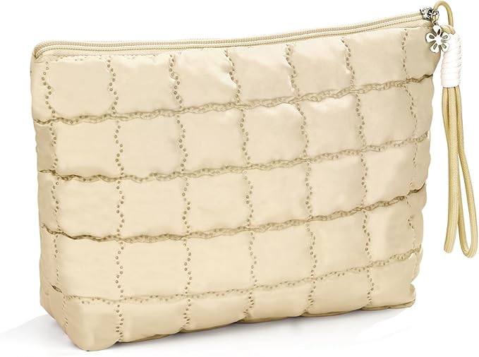 Richeart Makeup Bag Travel Toiletry Bag - Checkered Down Cotton Makeup Pouch for Women with Cosmetic and Pencil, Aesthetic Khaki Design, Large