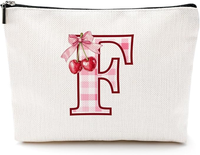 Initial Makeup Bag Monogram Cosmetic Bag Monogrammed Gifts for Women Girls Best Friends Coworker Personalized Travel Toiletry Bag Christmas Bridal Shower Wedding Bridesmaid Gifts, Cherry F