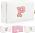 Personalized Initial Letter Patch Makeup Bag, Preppy Portable Chenille Cosmetic Bag with Zipper, PU Leather Waterproof Travel Toiletry Bag Monogram Make Up Pouch for Women Girls