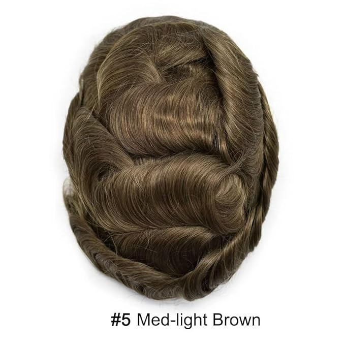 FACE MIRACLE Toupee for Men French Lace Hairpiece Human Hair Replacement System Skin PU Mens Toupee Hair Wigs for Man V-Looped Front Hair Prosthesis 6"X9" 5#MEDIUM LIGHT BROWN
