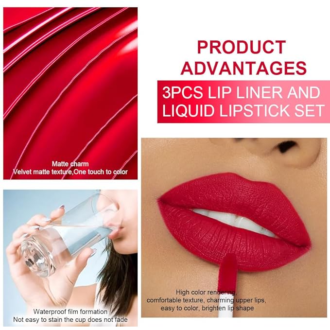 3Pcs 2 in 1 Dark Red Orange Red Fire Red Matte Lip Liner and Liquid Lipstick Stain Makeup Set for women, Long Lasting Smudge Proof Lip Tint Matte Finish Lip Gloss for All-Day Color Hold, Set29