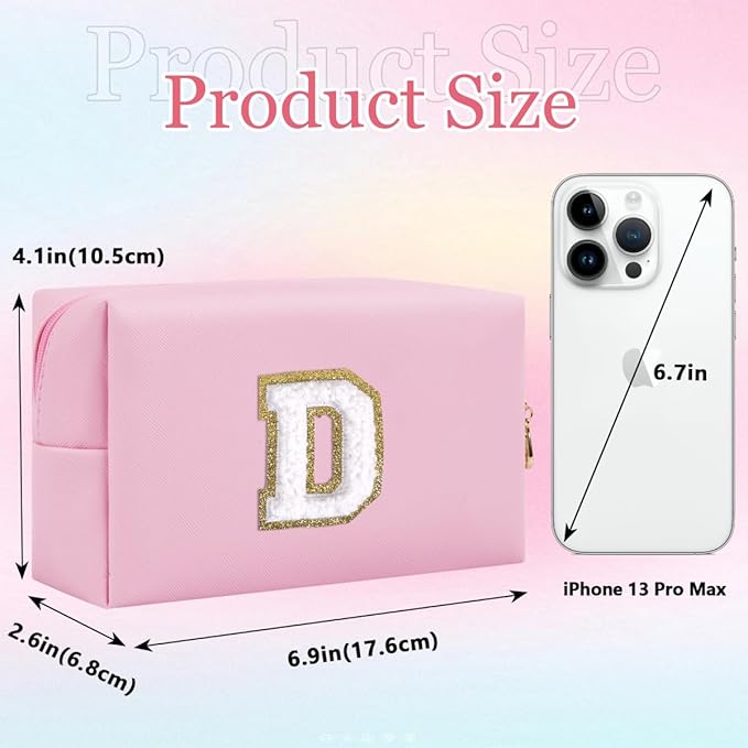 Small Personalized Letter Makeup Bag, Cute PU Leather Chenille Letters Cosmetic Bag Travel Makeup Pouch, Preppy Travel Organizer Zipper Pouch for Women&Girls（Pink-D）