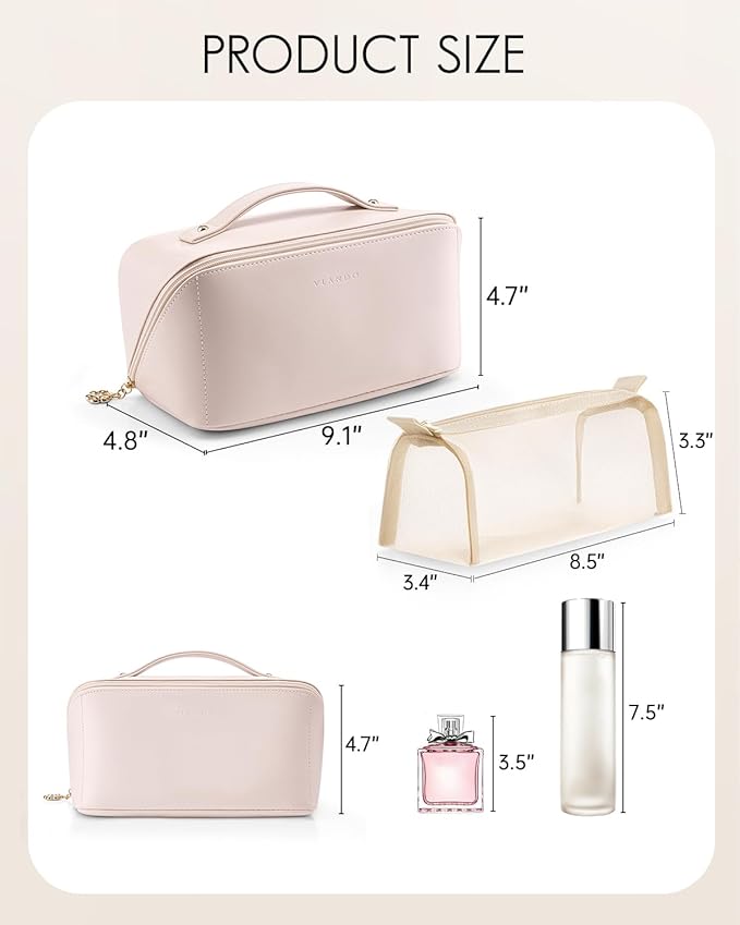 Vlando Makeup Bag,Large Capacity Toiletry Bag for Women Waterproof Portable Make up Pouch PU Leather Open Flat Cosmetic Bag(Light Pink)