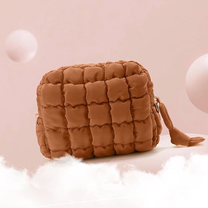 Puffy Quilted Makeup Bag Small Puffer Bag Cosmetic Bags Travel Toiletry Purse for Women, Cute Organizer Pouch, Toffee