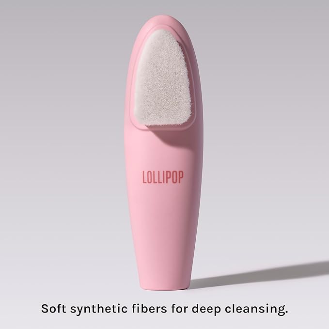 LOLLIPOP Dual-Sided Facial Cleansing Brush | Handle Size Silicone Face Exfoliator and Soft Fiber Cleanser | Manual Face Scrubber for Pores, Makeup Removal, Blackhead and Skincare Routine, Bubblegum