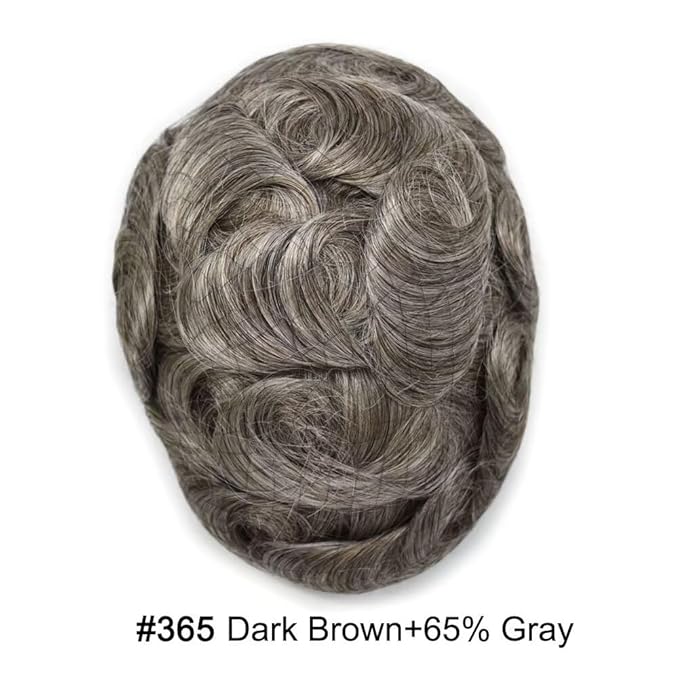 FACE MIRACLE Lace Front Mens Toupee Human Hair System Swiss Lace Center Toupee for Men Thin Skin PU Around Hair Replacement System V-Looped Mens Hair Wig Units 6"X9" #365 Dark Brown with 65% Gray