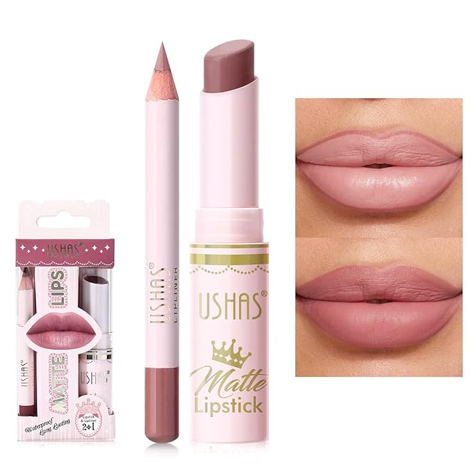USHAS 2 in 1 Waterproof Lipstick and Lip Liner Combo Set - Long Lasting Matte Lipstick Pen with Lip Liner Set Makeup Kits (S9, Pack of 1)
