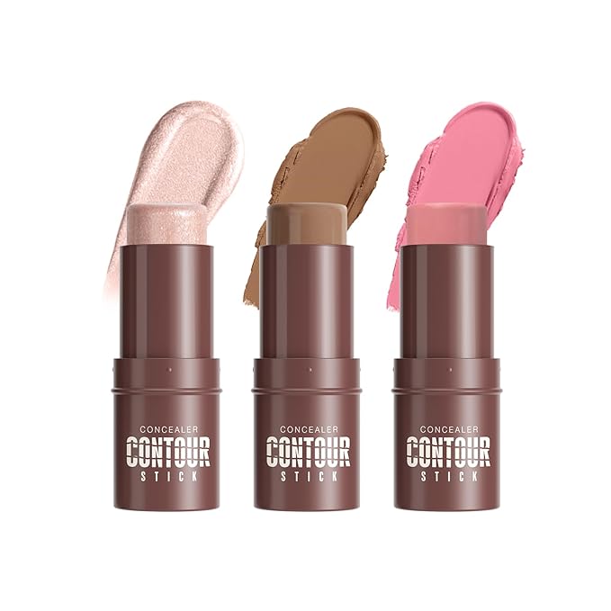 3Pcs Cream Contour Sticks, Shades with Highlighter & Bronzer & Blush, Makeup Kit for Sculpt the Cheeks Long Lasting Dewy & Matte Finish Lightweight Face Contouring Pen LIGHT MEDIUM (SET-A)