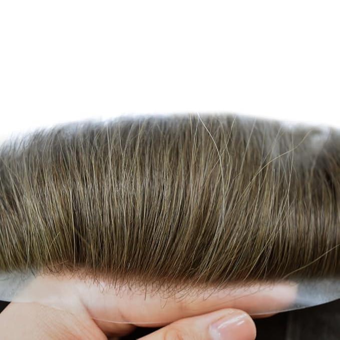 Toupee for Men French Lace Center Human Hair Replacement Systems Transparent Lace Center Hair Piece Mens Toupee Hair Units for Man V-Looped Front Male Hair Prosthesis 7"X9" 5#MEDIUM LIGHT BROWN