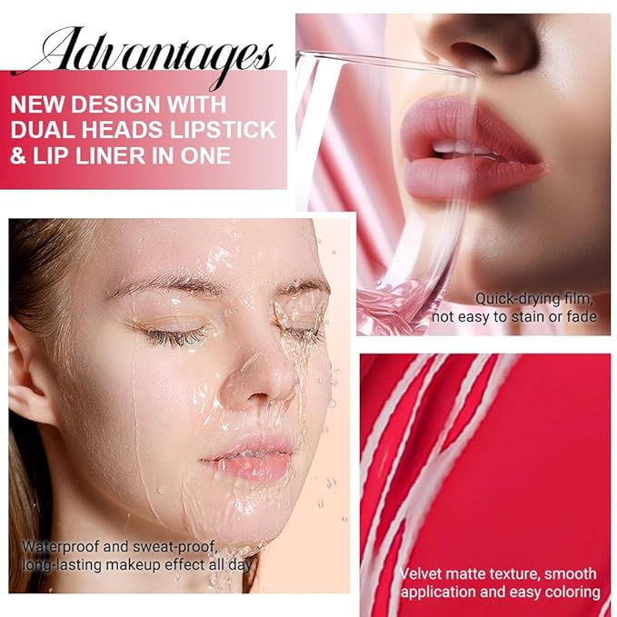 1Pcs 2 in 1 Fire Red Matte Lip Liner and Liquid Lipstick Stain Makeup Set for women, Fire Red Long Lasting Smudge Proof Lip Tint Matte Finish Lip Gloss for All-Day Color Hold Easy to Use 64#