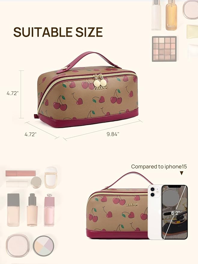 Telena Leather Make Up Bag Portable Travel Makeup Bag Waterproof Cosmetic Bags for Women Large Capacity With Handle and Divider Open Flat