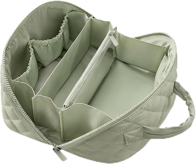 Petition Makeup Bag, 180° Open Lay-Flat Cosmetic Case, Large Capacity Compartment Makeup Bag, Lightweight, Soft and Fashion for Bottles & Brushes (Green)
