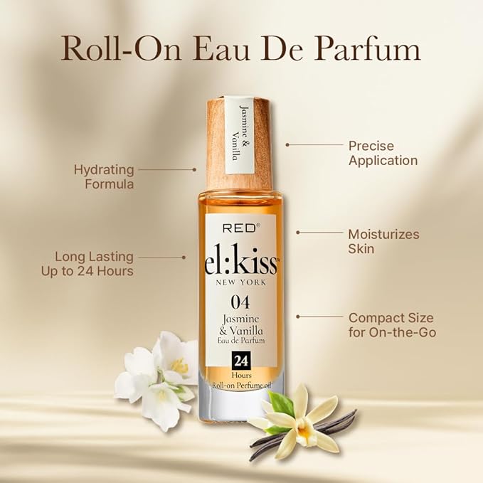 EL:KISS Roll On Perfume, Jasmine & Vanilla Inspired by SDJ 68, Eau de Parfum 12mL (.40 Fl Oz), Hydrating & Long-Lasting, Alcohol-Free & Mineral Oil-Free, With Jojoba, Argan & Coconut Oil