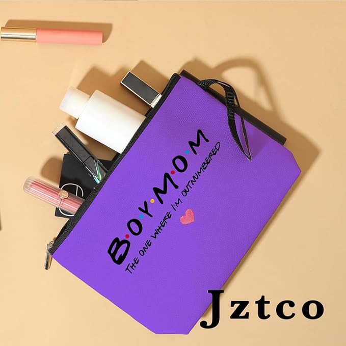 Jztco Boy Mama Makeup Bag, Baby Shower Gifts for Mom First Time, Christmas Birthday Unique Cosmetic Bag Funny Mothers Day, New Mom Gifts - Boy Mama The One Where I'm Outnumbered, Purple